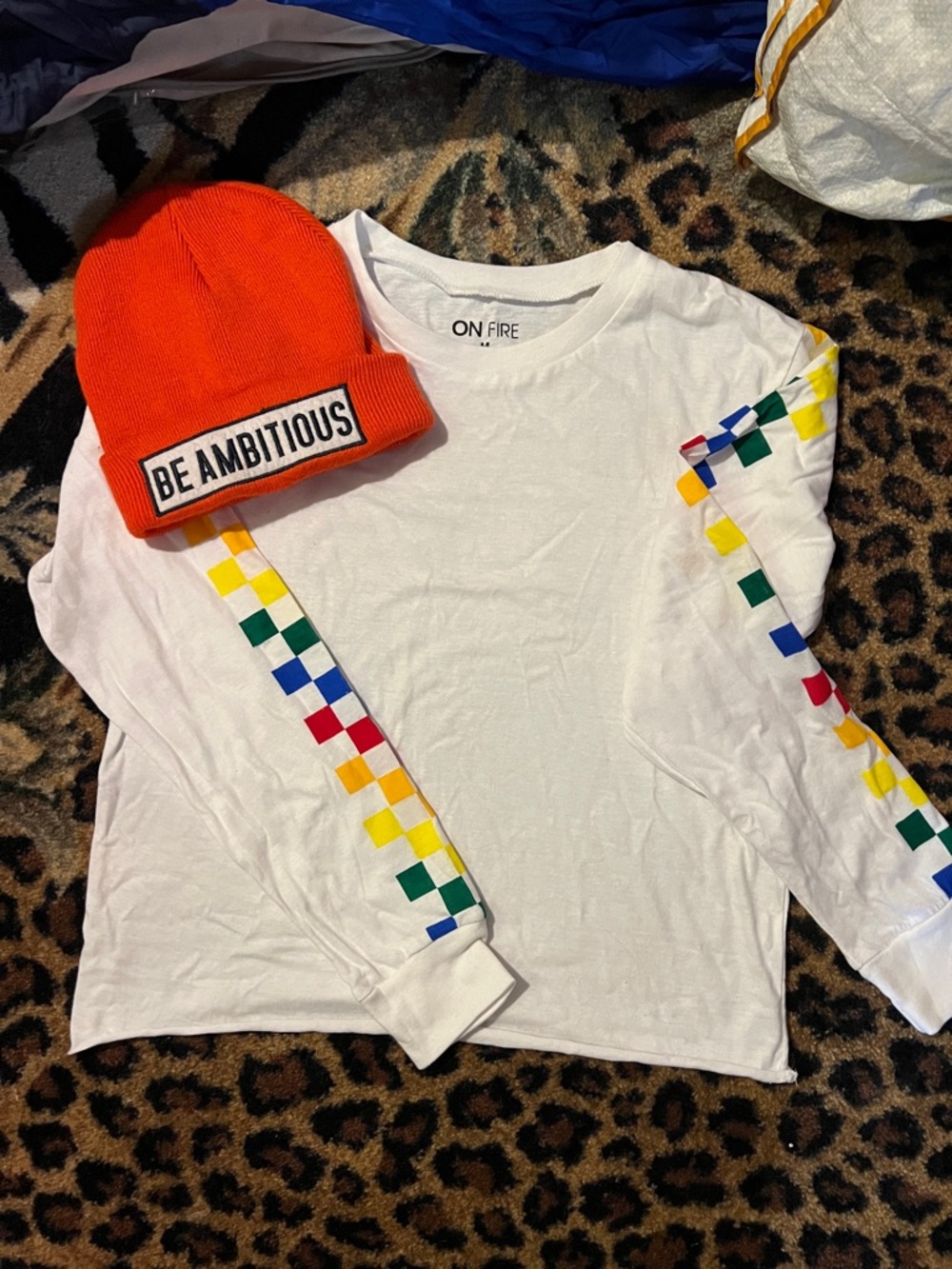 On Fire White Long Sleeve Tee with Multicolor Checker Sleeve Stripes